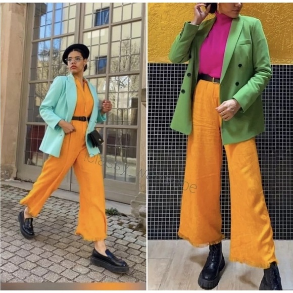 Zara NWT Women FULL LENGTH JACQUARD JUMPSUIT BLOGGERS FAV Orange/Yellow Medium - Picture 4 of 16